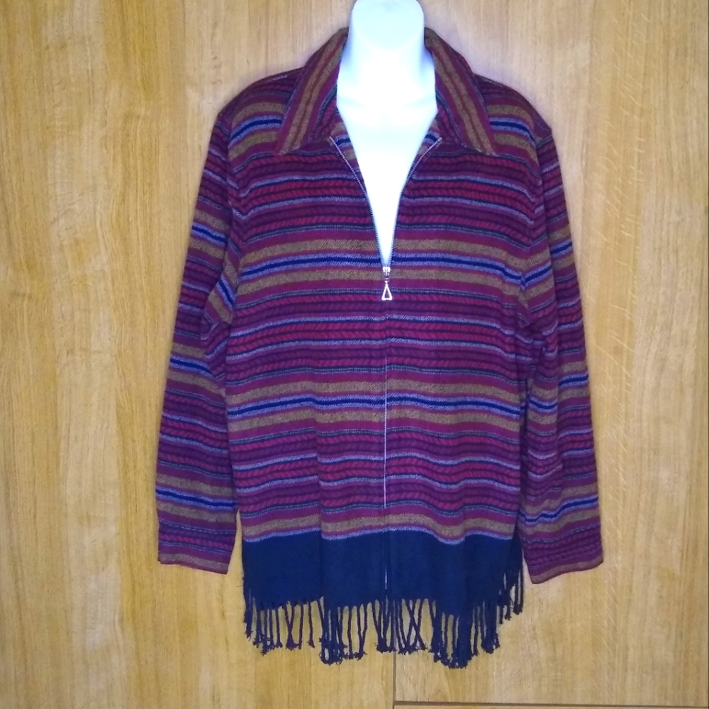 Napa Valley maroon boho tribal southwestern stripe fringe zip up blanket jacket